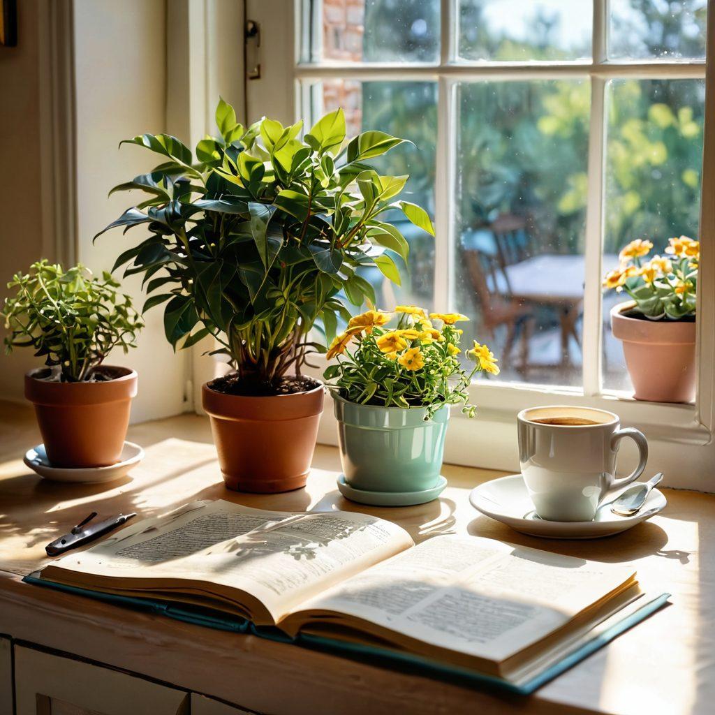 A serene morning scene depicting a sunlit kitchen with a freshly brewed cup of coffee, a blooming potted plant on the windowsill, and a cheerful open book on the table, illustrating the essence of simple joys and happiness in everyday life. Soft pastel colors. warm lighting. cozy atmosphere.