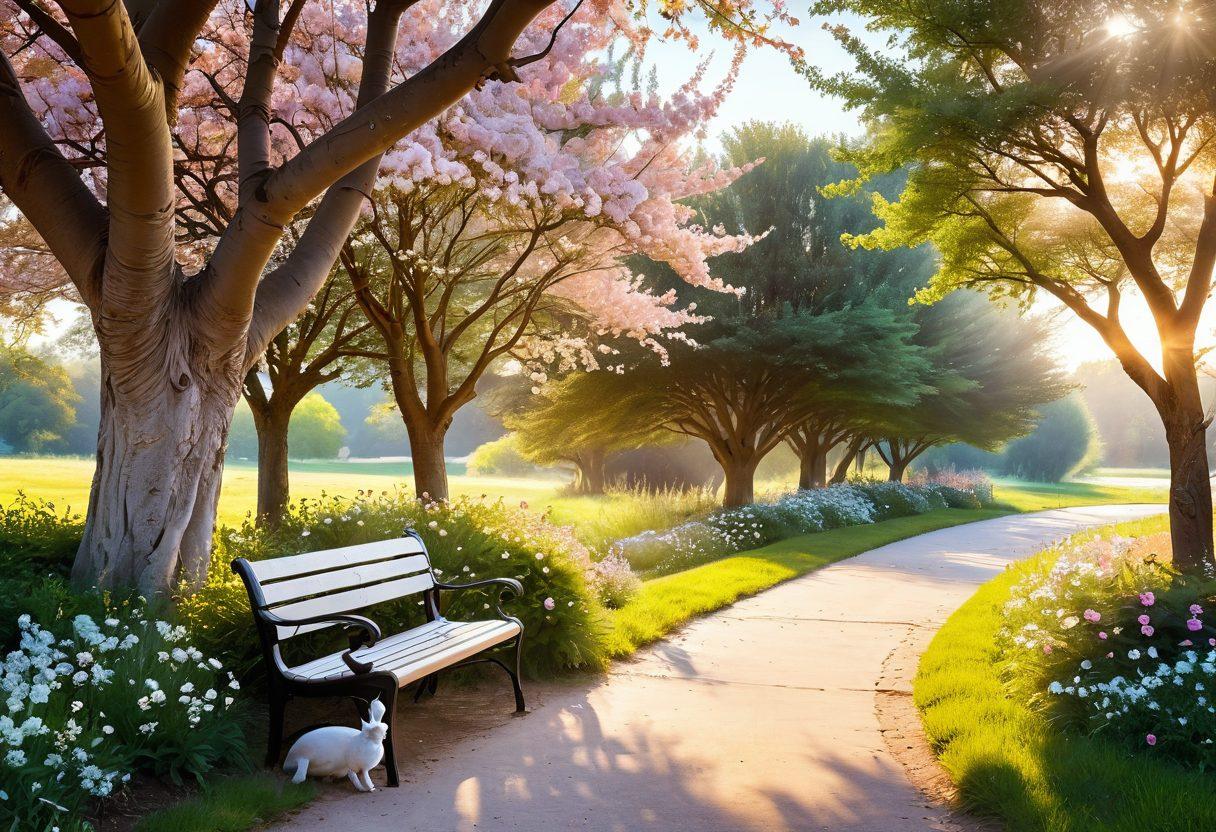A serene landscape depicting a winding path lined with blooming flowers, leading towards a bright, inviting horizon. The scene includes a cozy bench under a tree, symbolizing comfort and reflection, with soft sunlight casting golden rays. Gentle animals like rabbits and birds add a whimsical touch, creating an atmosphere of tranquility and ease. pastel colors. dreamy style.