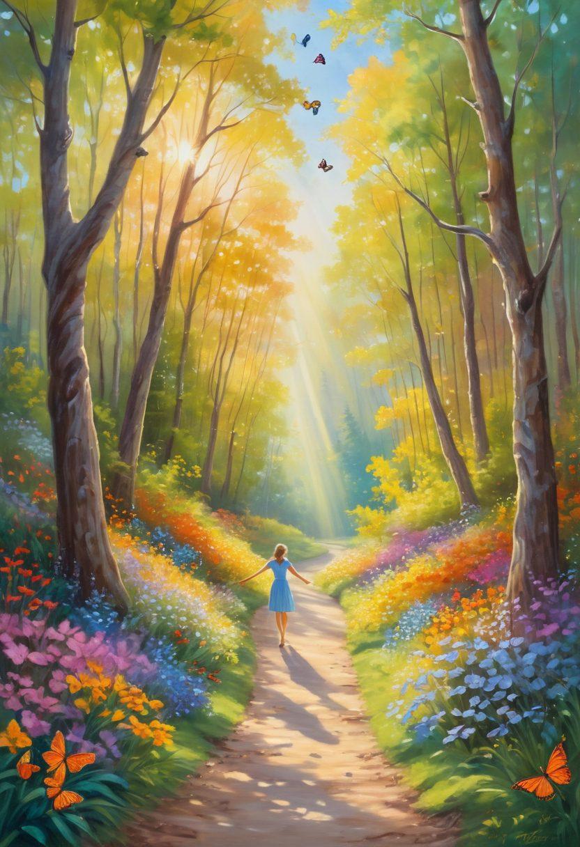 A serene landscape featuring a winding path through a vibrant forest, symbolizing the journey to happiness. Delicate sun rays breaking through the trees cast a warm glow, with whimsical butterflies and blooming flowers lining the path. In the foreground, a joyful person, arms stretched wide, embraces the moment of tranquility and joy. Soft pastel colors enhance the uplifting mood. painting. vibrant colors.
